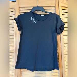 Patrizia Pepe Black Short Sleeve Crewneck Tee with Distressed Accent